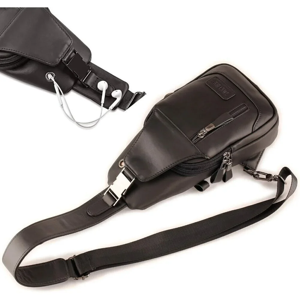 💫 Men Black Crossbody Bag Leather Sling Travel Chest Outdoor Sports Backpack